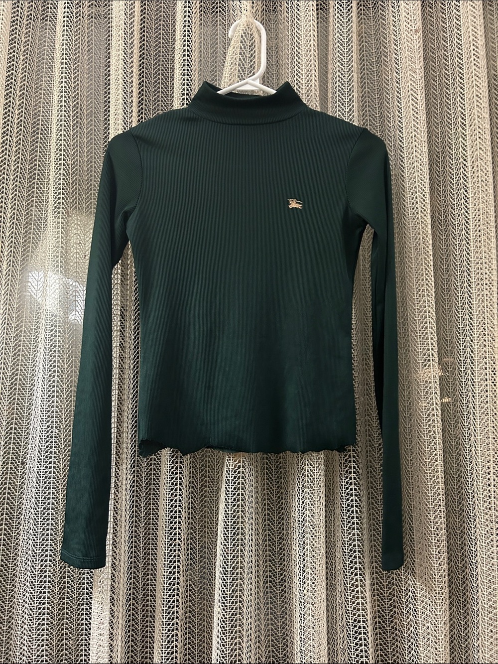 Burberry Forest Green Ribbed Mock Neck Long Sleeve Top with Gold Logo